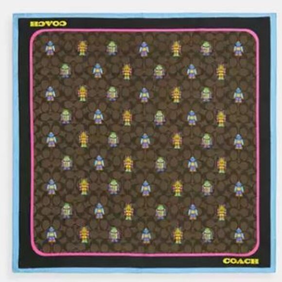 COACH Cosmic Coach Signature Robot Print Silk Bandana in Walnut Multi - Picture 1 of 2
